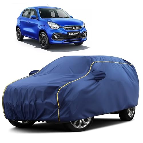 Image of Sulfar 100% Water Resistant Car Body Cover Compatible with Mirror for Maruti Suzuki Celerio (Triple Stitched, Full Bottom Elastic, Blue Taffeta with Yellow Piping)