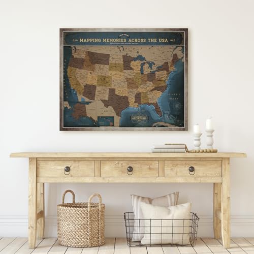 Image of DECORARTS - USA Push Pin Travel Map, Vintage Explorer-Style Canvas Wall Art in Blue, Archival Giclee Print, Hand-Stretched Canvas, Living Room & Office Wall Decor, for Travelers, Made in USA, 35x28''