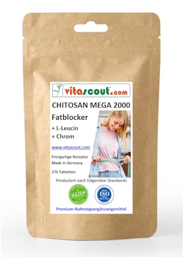 CHITOSAN MEGA 2000 + L-Leucin + Chrom - 270 Tabletten - Fatblocker - Neue verbesserte Rezeptur - Hochdosiert - Ohne Magnesiumstearat - Unterstützt normalen Fettstoffwechsel und Blutzuckerspiegel