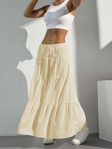Image of Verdusa Women's Long Maxi Skirt Boho Flowy Flared Ruffle Skirts 2026 Beach Vacation Summer Going Out Outfits