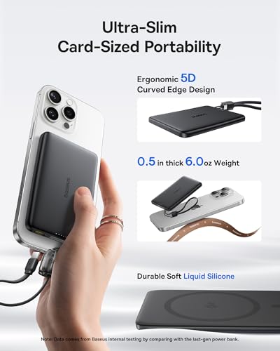 Image of Baseus Picogo Qi2 15W Magsafe Portable Charger, 0.5 inch Ultra Slim 10000mAh Wireless Power Bank with 27W Built-in USB-C Cable, Magnetic Battery Pack for iPhone 17 Pro Max /17 Pro /Air /16 /15 /14 /13 /12