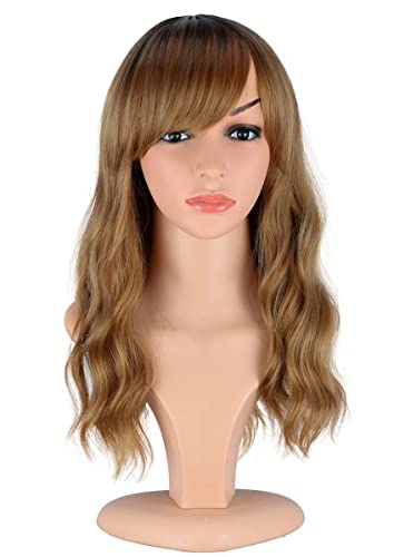 SPEEDM Medium Length Blonde Wavy Wigs With Bangs For Women Natural Looking Synthetic Heat Resistant Blonde Wave Wigs For Daily Cosplay Party Use 18 Inches Wavy Wigs (Ombre Blonde)