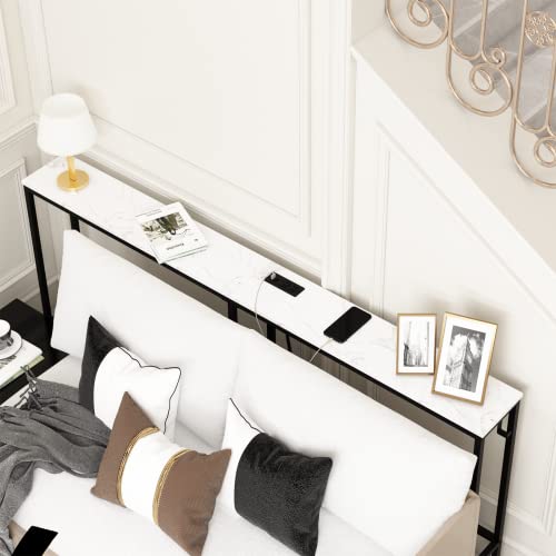 Leomonio 7.9" Narrow Sofa Table With Outlet, 60" Long Console Table Behind Couch, Skinny Table With Detachable Hooks And Charging Station For Entryway, Hallway And Living Room, Faux White Marble #TOP1