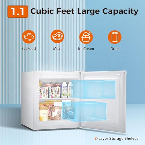 Kismile Mini Freezer,1.1 Cu.ft Upright Freezer with Reversible Single Door,Removable Shelves,Small Freezer with Adjustable Thermostat for Home/Kitchen/Office (White)