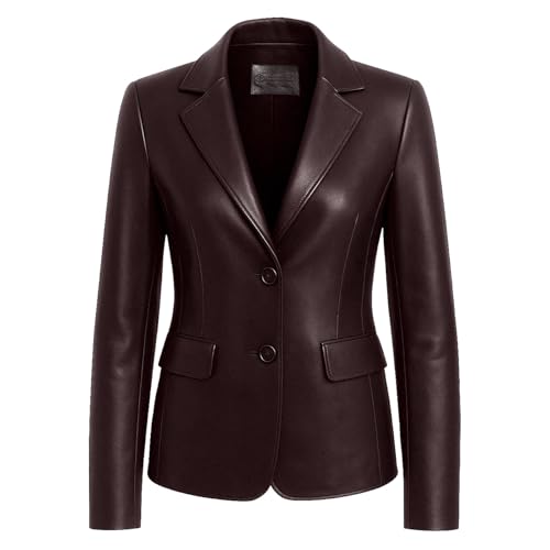 LEATHER CREATIVE Lambskin Leather Blazer Women – Premium Women's Leather Jacket with Notched Lapel, Long Sleeve, Flap Pockets (US, Alpha, Medium, Regular, Regular, Brown)