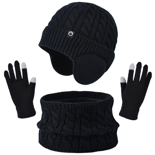 Kids Winter Beanie Hat Scarf Gloves Set Warm Thermal Knitted Beanie Cap Snood Neck Warmer Touchscreen Mitten Winter Accessories Set with Soft Fleece Lining for Kids Age 4-11 (Black One Size)