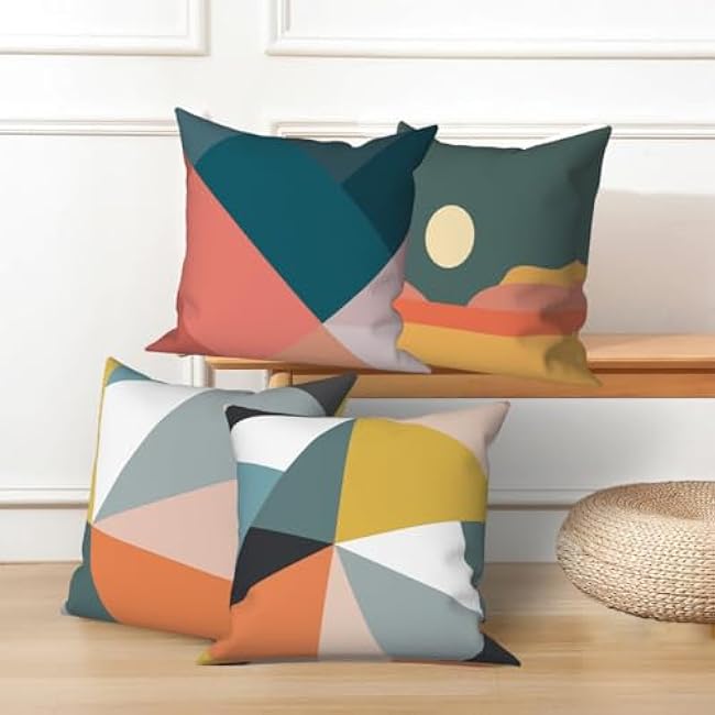 4 Pcs/Set Colorful Pillow Covers Geometry Strip Outdoor Patchwork Geometric Sun Minimalist Cushion Covers Pillowcase Linen Cushion Case for Patio Furniture Couch Living Room, 18x18