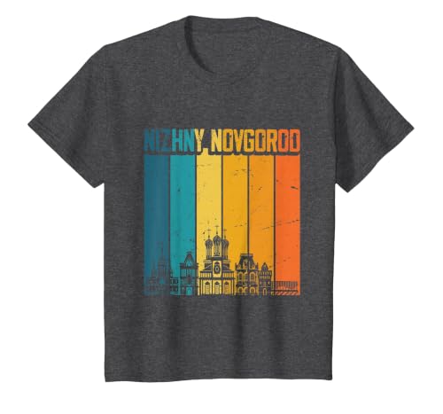 Nizhny Novgorod Russia Retro Vintage Sunset Skyline T-Shirt, Youth, Dark Heather Grey, Small