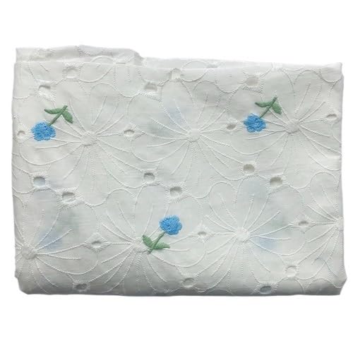 Tela Para Tapizar Tela pequeña bordada de flores huecas blancas algodón verano 145x50cm, tela for hacer camisas vestir a la moda(Blue)