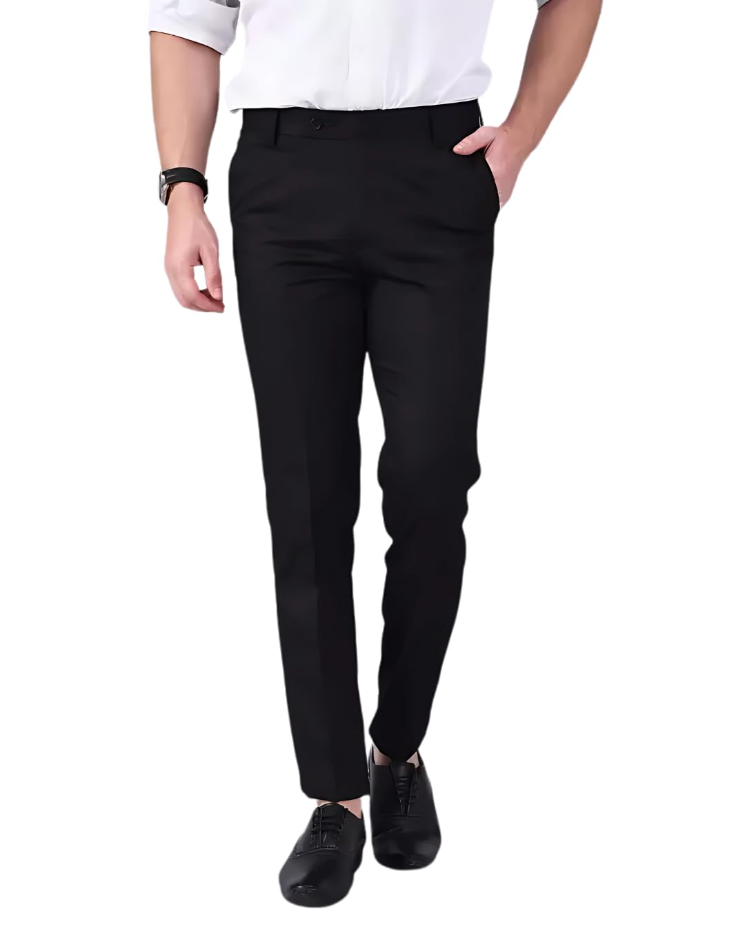 Men's Black Regular Straight Relaxed Fit Formal Trousers (Size - 36)