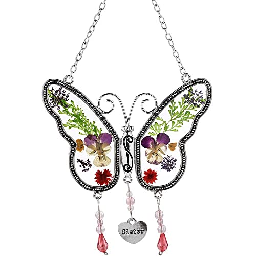 Kundgla Butterfly Sister Suncatcher Stained Glass Chime Wind With Pressed Flower Wings Embedded In Glass With Metal Trim Sister Heart Charm Gifts For Mother`s Day Birthday Christmas #TOP7