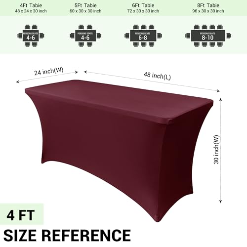 Image of Obstal 4Ft Stretch Spandex Table Cover for Standard Folding Tables - 2 Pack Universal Rectangular Fitted Tablecloth for Party, Banquet, Events, Trade Show (Wine Red, 48L x 24W x 30H Inches)
