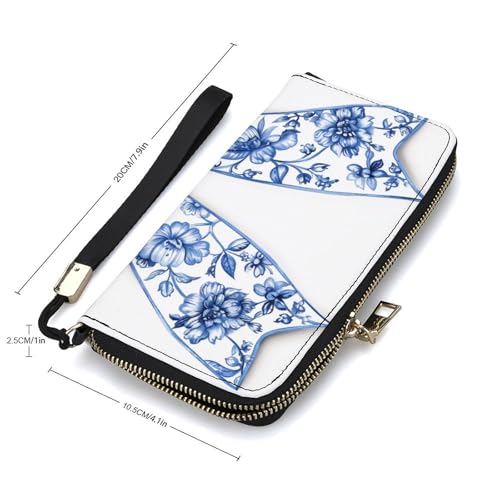 Blue And White Chinoiserie Pattern Bow PU Leather Clutch Long Bifold Wallet, Coin Purse Credit Pass Case, Durable Card-Holder Money Storage for Women Men2