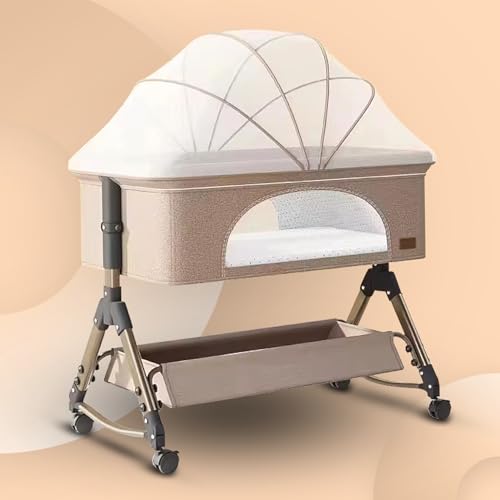 CAREIT Comfortable 6-in-1 Baby Cot, Crib, Bedside Bassinet, Adjustable Height, Mosquito Net, Storage Basket, Wheels, and Mattress | Easy Folding, Unique Design (Beige) Alloy Steel