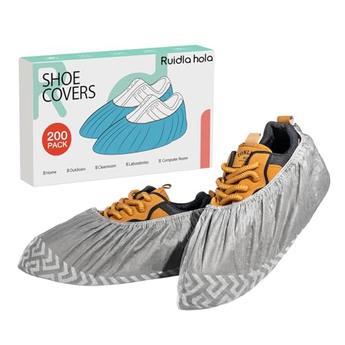 Shoe Covers Disposable 200 Pack (100 Pairs), Non-Woven Booties for Shoes, Durable Non-Slip Shoe Protectors for Indoors, Breathable Stretch Fit – L & XL Sizes, Black/Grey/Printed Options