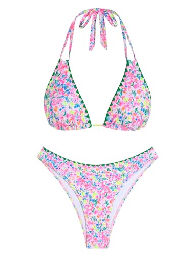 Image of ZAFUL Women Halter Dual Straps Whip Stitch Floral Triangle Bikini Swimsuits