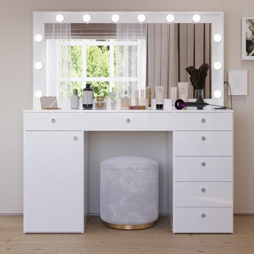 Boahaus Extra Large Makeup Vanity Desk with Built-in Hollywood Mirror Lights, Jezebel, 7 Drawers, USB-C/USB Outlets, White