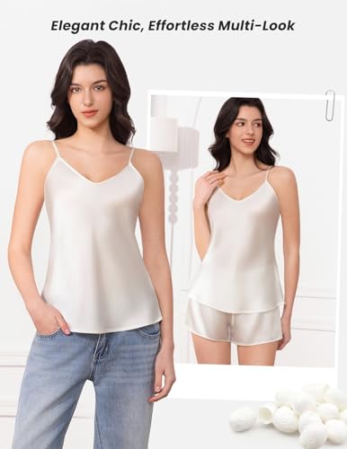 Image of THXSILK Silk Women's Pajama 2 Piece Set 6A+ Grade 100% Mulberry Silk Nightgown Soft Luxury V Neck Cami Shorts Sets Sleepwear