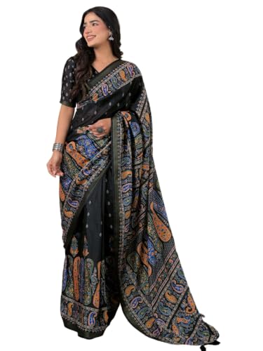 Image of SIRIL Women's Printed Silk Saree with Zari Border & Tassels