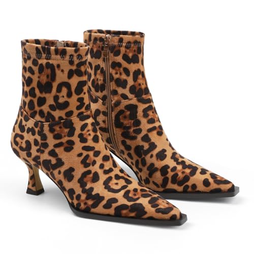 Goiphrri Ankle Boots for Women Stiletto High Heel Boot Pointed Toe Leopard Short Booties Side Zipper Dress Kitten Heel Booties Elastic Fashion Trendy Fall Boots Size 8