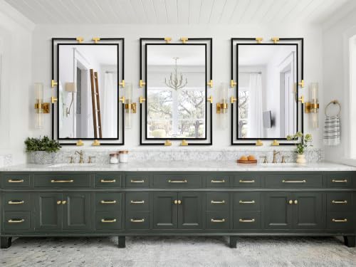 Image of 48 inchx32 inch Large Black and Gold Vanity Bathroom Mirror, Modern Metal Frame Wall Decor, Horizontal and Vertical Mount for Living Room Entryway