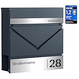 SONGMICS Briefkasten personalisiert, lasergraviertes Namensschild und Hausnummernschild, Postkasten, Zeitungsfach, V-förmiges Sichtfenster, Schloss, modern, anthrazit-silbern GMB080D01V1