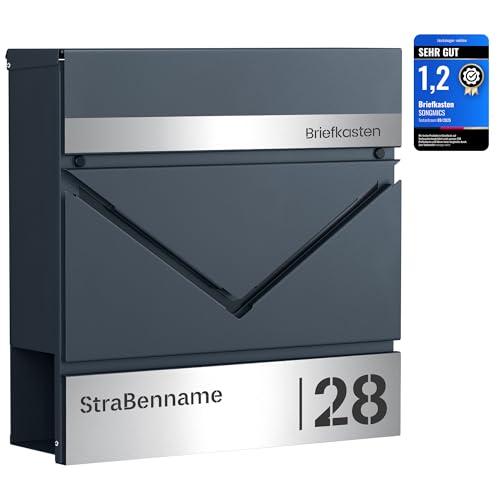 SONGMICS Briefkasten personalisiert, lasergraviertes Namensschild und Hausnummernschild, Postkasten, Zeitungsfach, V-förmiges Sichtfenster, Schloss, modern, anthrazit-silbern GMB080D01V1