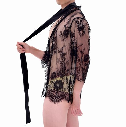 Mens Lace Robe Mesh Sheer Bathrobe Solid Color Long Sleeve Maxi Beach Cover Ups Nightgown2
