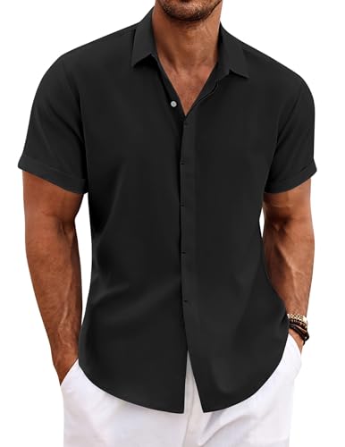 COOFANDY Chemise en Lin Chemise d'été à Manches Courtes pour Hommes Chemise de Plage décontractée Chemise boutonnée Noir L