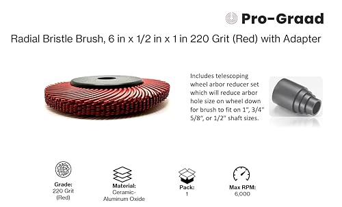 Image of Radial Bristle Brush, 6 in x 1 /2 in x 1 in 220 Grit (Red) with Adapter, Type C Curved Bristle (Pack of 1)