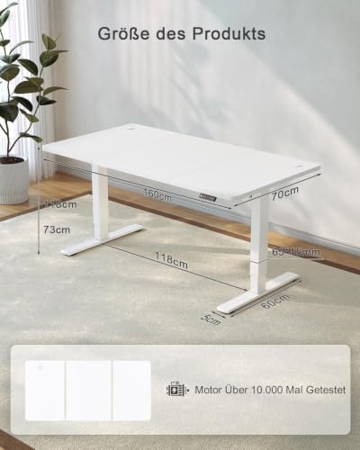 JUMMICO Höhenverstellbarer Schreibtisch 160 x 70 cm, USB-A-Anschluss – Ansicht 3