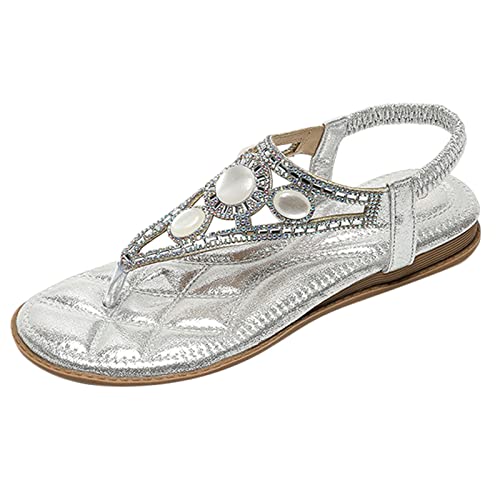 BIBOKAOKE Flache Sandalen Damen Große Größen Strass Bohemia T-Riemen...