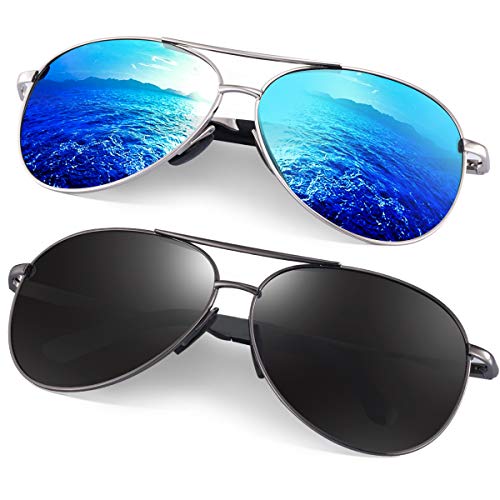 Polarized Aviator Sunglasses for Men - Feirdio Metal Frame Sports UV 400 Protection Mens Women Sunglasses 2261 (black gun +blue sliver, 2.36)