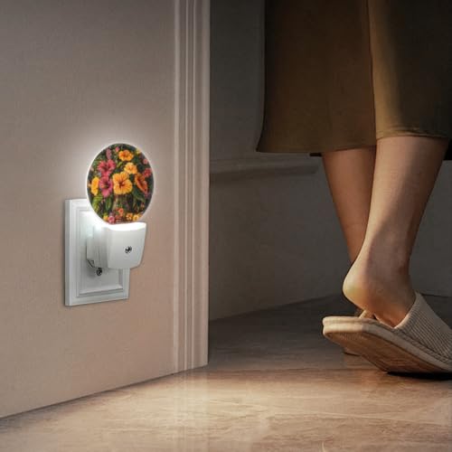Image of LED Night Lights Lamp with Dusk to Dawn Sensor, Beautiful Vase Filled with Fusoia Flowers Night Light Plug Into Wall for Kids Room, Bedroom, Bathroom, Kitchen, Hallway