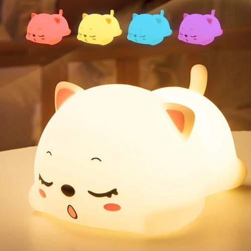 Image of Silicon Cat Night Lights for Kids, 7 Color Changing Mode, Rechargeable Lamp, Tap Control with USB Cable Perfect for Baby, Girl, Boys, Children