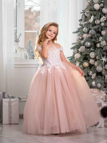 Lace Applique Flower Girl Dress for Wedding Kids Puffy Tulle Satin Long Princess Pageant Bowknot Prom Ball Gowns4