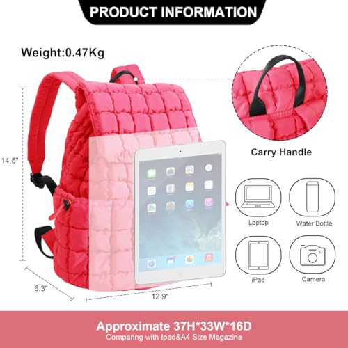 Quilted Travel Duffle Bag Gym Bag&Quilted Backpack Purse for Women,Large Puffer Duffle Weekender Bag Lightweight Puffer Puffy College Laptop Backpack with Compartment for Travel Gym Airplane(Rosered)3