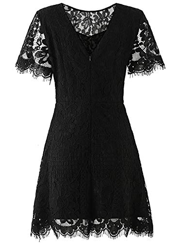 MSLG Floral Lace Wedding Guest Dresses for Woman Gowns Elegant V-Back Teens Homecoming Ladies Cocktail Party Dress 910 Black XL - Thumbnail 5