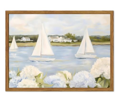 Framed Vintage Hydrangea Floral Wall Art, Blue Coastal...