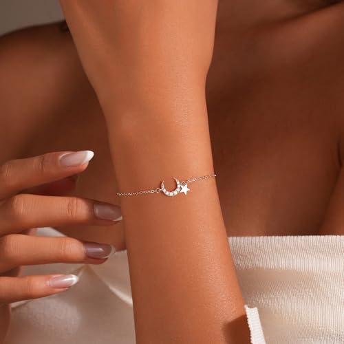 SUYACS 925 Sterling Silver Star Moon Bracelets for Women Dainty 14K Gold Plated CZ Crescent Link Bracelet Lucky Friendship Charm Chain Bangle Jewelry Birthday Gifts for Mom Daughter Friends2