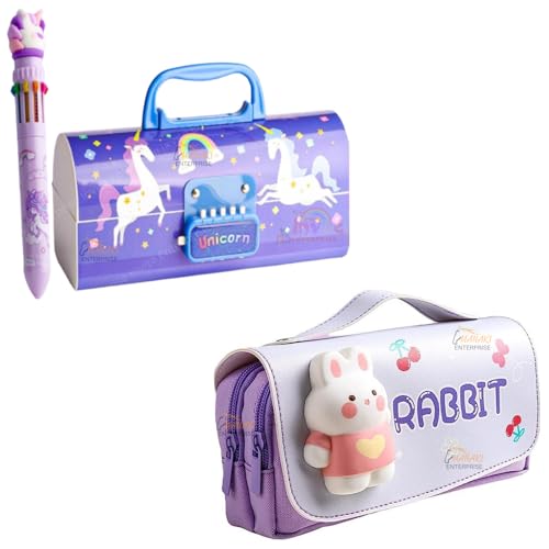 Rahasya Enterprise Pencil Case Style Password Lock Multi-Layer Pencil Box & 3D EVA Pencil Case Pouch for Boys Girls (New Unicorn Blue P.Box+Rabbit Pouch)