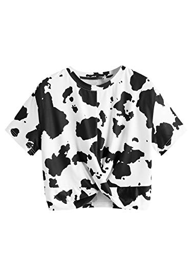 Milumia Women's Cow Print Tee Shirt Vintage Western Twist Front Short Sleeve Crop Tank Top