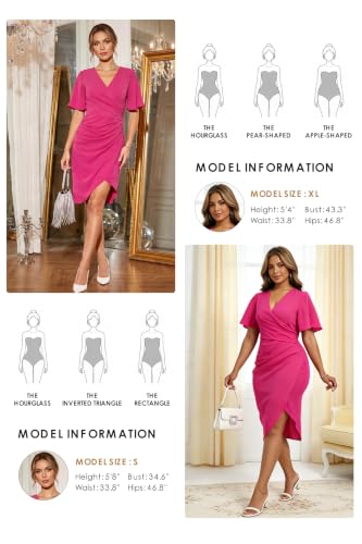 Image of Women's Wrap V Neck Asymmetrical Hem Midi Chiffon Ruched Cocktail Dress | Back Zipper,Regular Fit,Club Night,Office Formal,Dinner Date,Flutter Sleeve