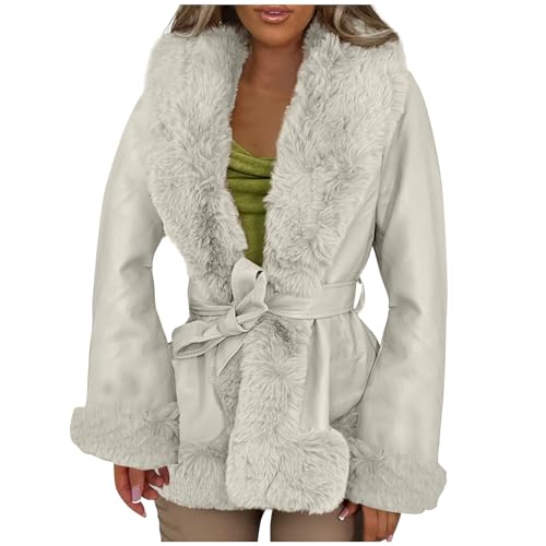 TRIGLICOLEUM Faux Fur Jacket Women's Elegant Fur Coat Faux Fur Coat Winter Jacket Thick Warm Fur Coat Faux Fur Jacket Long Sleeve Transition Jacket Winter Coat Fluffy Fur Coat Plush Jacket, White, L