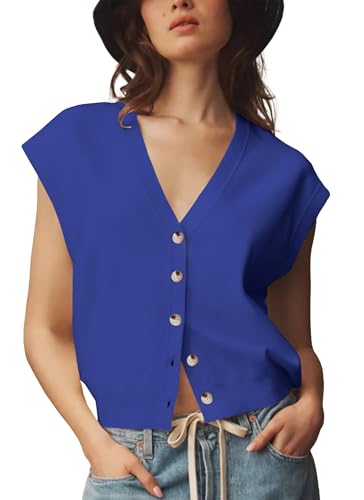 Image of XNC Womens Sweater Vest Cap Sleeve V Neck Knit Button Down Vest Tops Casual Summer Tank Top Blue