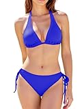 Buauty Womens Adjustable Bikini Set V Neck Halter Top Bathing Suit Crisscross Back Triangle Bottoms Side Ties Swimsuit Swimwear Swim Swimming Basic Fashion Cute Modest Flattering Push Up Blue M