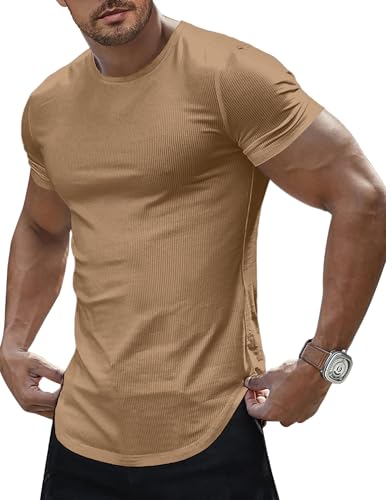 Image of JMIERR Mens Short Sleeve T Shirt Summer Muscle Slim Fitted Crewneck Longline Tees Shirts for Gym Workout
