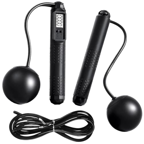 Black Smart Cordless Skipping Rope for Adults Ropeless Jump Rope with Counter and Display Adjustable Weighted skipping rope with Gravity Ball and Steel Wire for Home Fitness Workouts