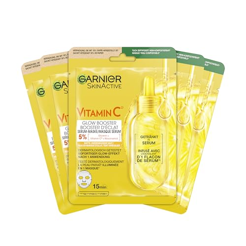 Garnier Feuchtigkeitsspendende Tuchmasken für sensible Haut, Mit Hyaluronsäure und Vitamin C, Für strahlende Haut und einen Glow-Effekt, SkinActive, 5 x 1 Masken