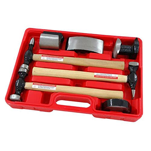Dapetz ® 7pc Car Auto Body Repair Panel Beating Kit Drop Forged Steel Hammers Tool Set Hammers with Contoured Wooden Handles Universal Heel/Curved and Mushroom Dollies